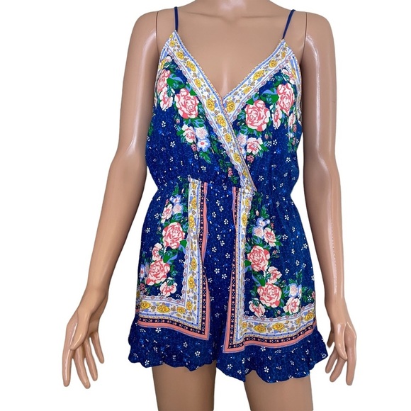 Flying Tomato romper blue floral one piece jumper spaghetti strap wrap style MD - Picture 3 of 11